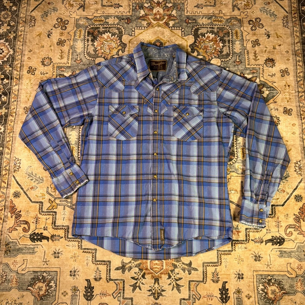 Wrangler Retro Blue Plaid Long Sleeve Western Pearl Snap Collar Shirt Mens Large